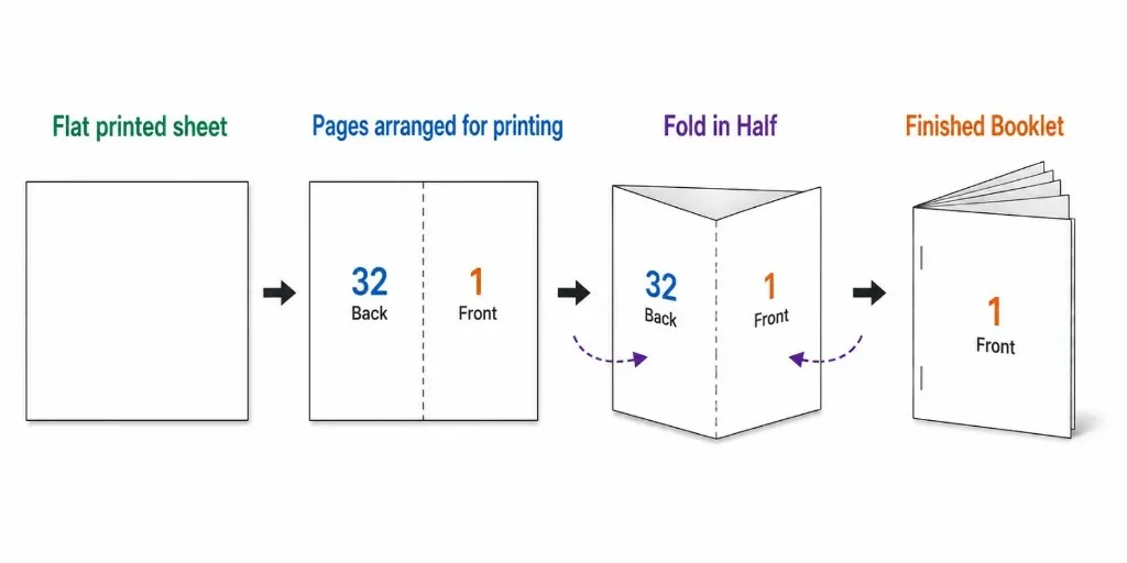 Booklet imposition: flat sheet, pages 32 and 1 arranged for printing, fold in half, finished booklet with page 1 on the front